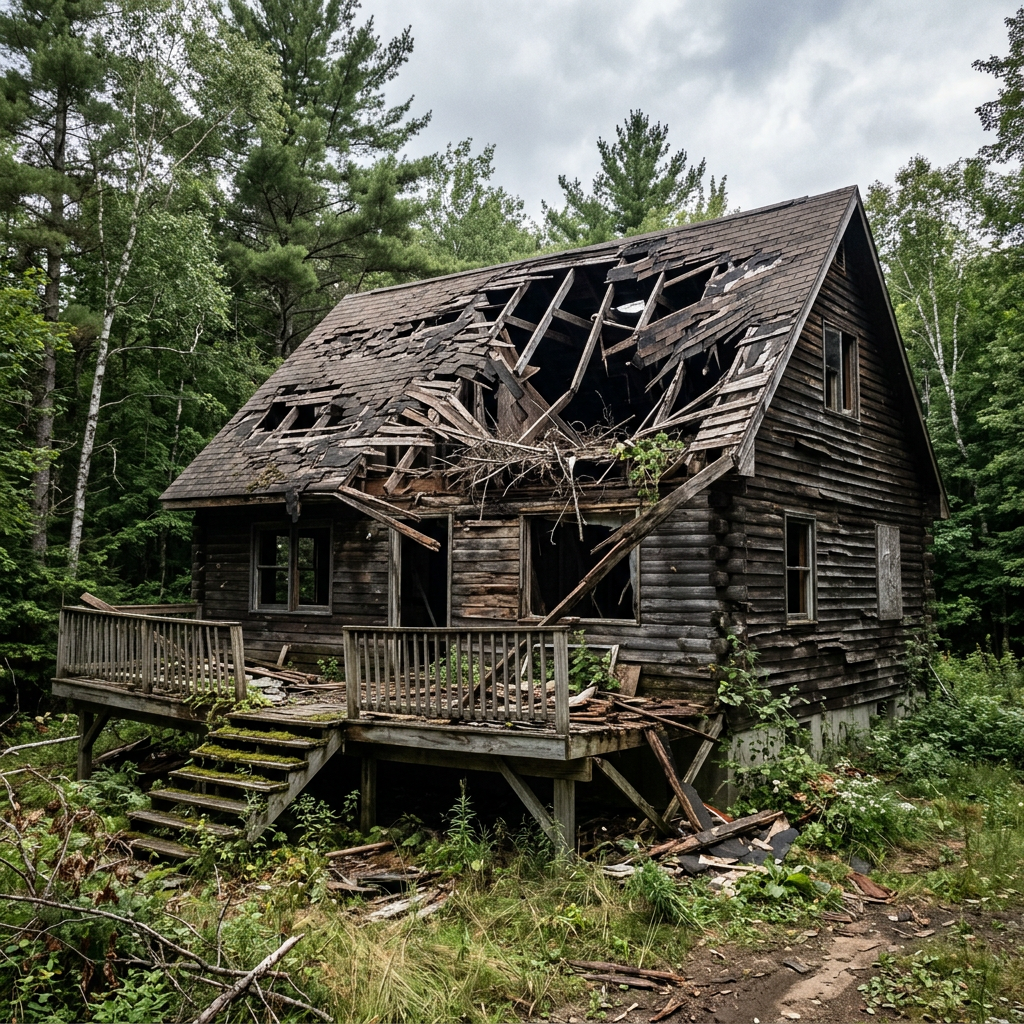 Old wooden cabin with collapsed roof surrounded by dense forest and overgrown plants